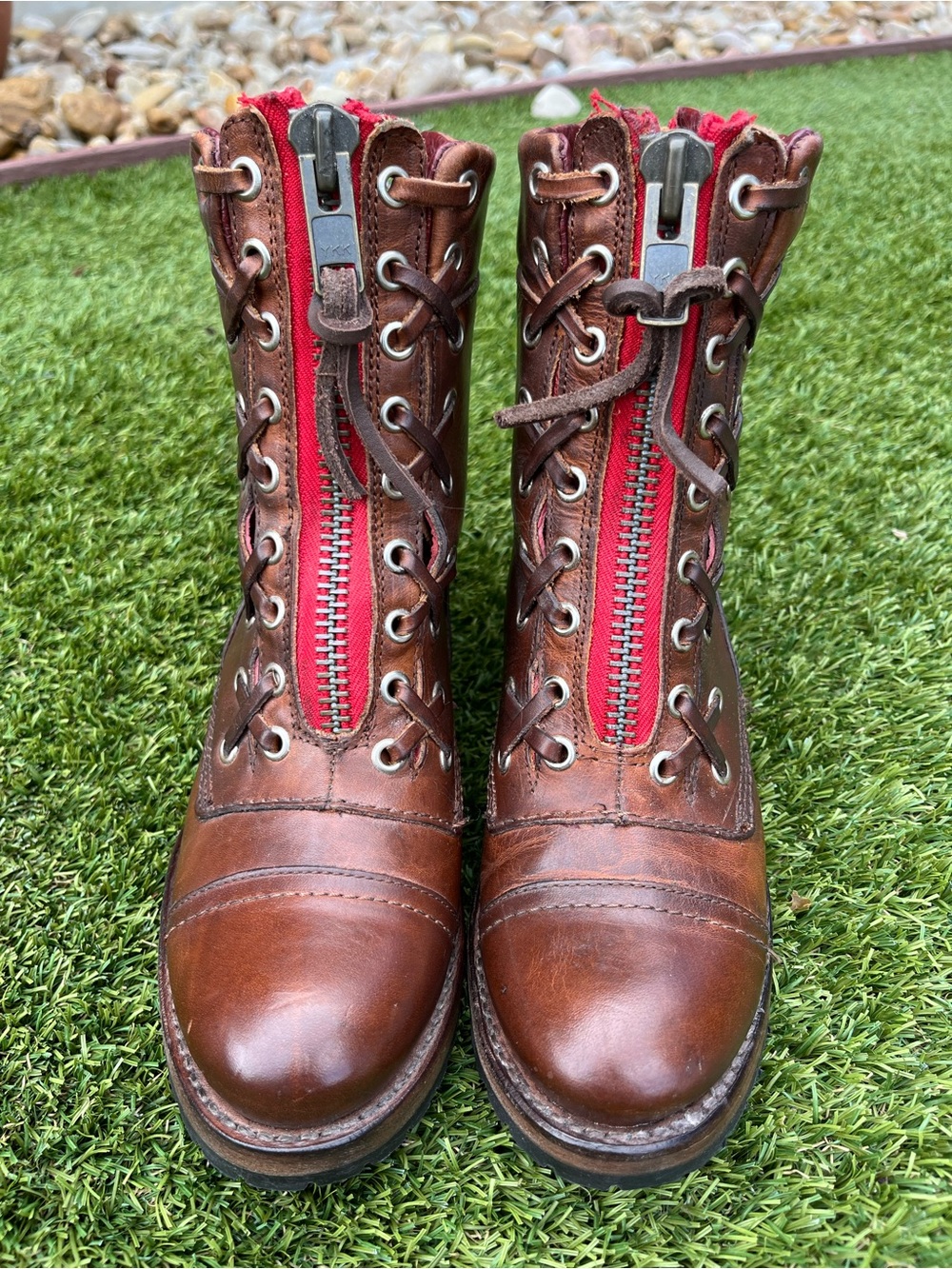 Freebird LIMERICK Brown Leather Lace-Up Ankle Boots with Red Zip Accent size 7